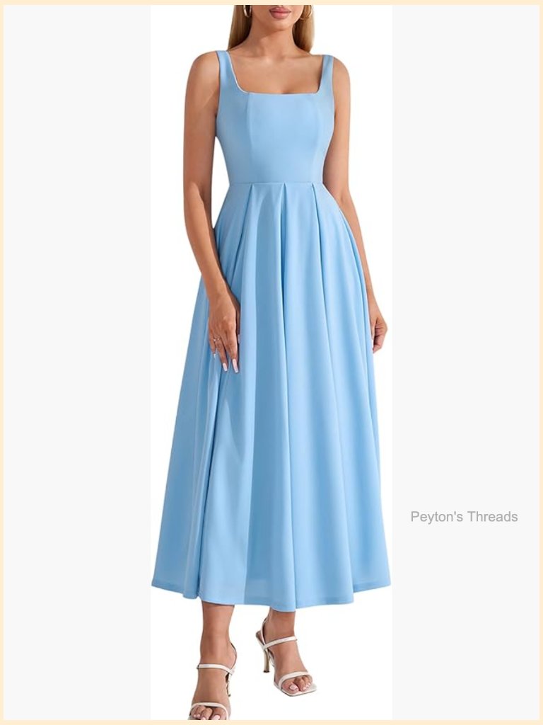 Square Neck Flowy A-Line Midi Dress Sleeveless Adjustable Strap